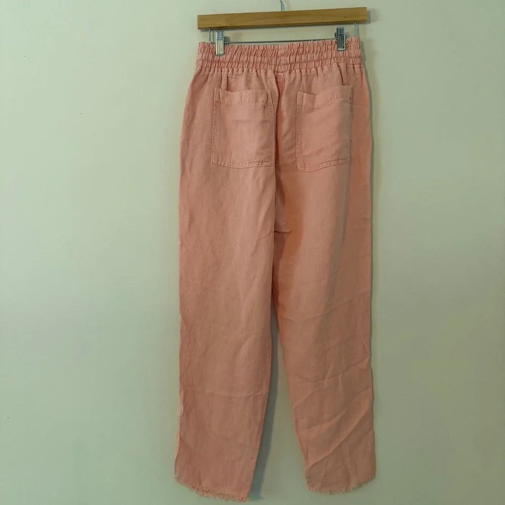 ZARA Linen Blend Smocked Waist Raw Hem Straight Leg Trousers Peach Womens Size M